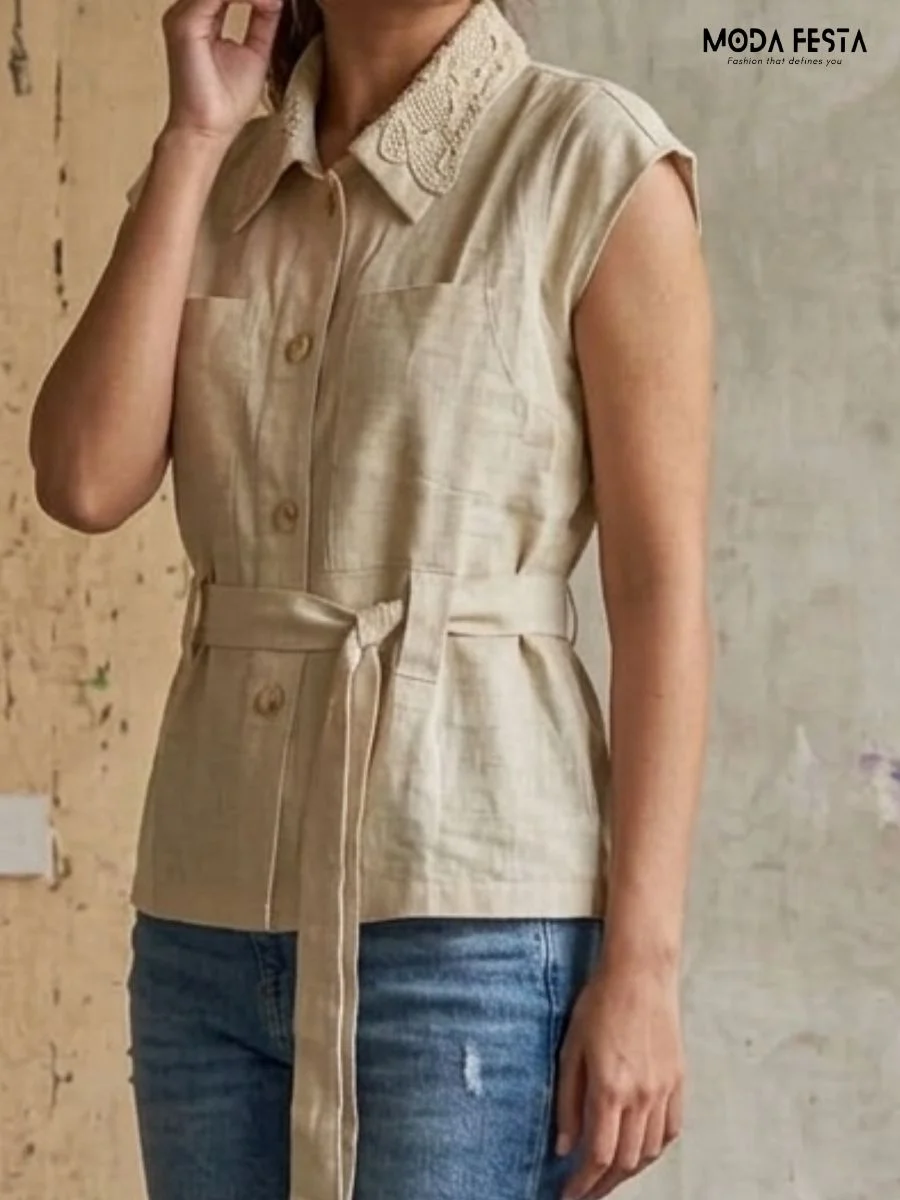 ModaFesta -Lace Collar Button-Down Top with Waist Tie